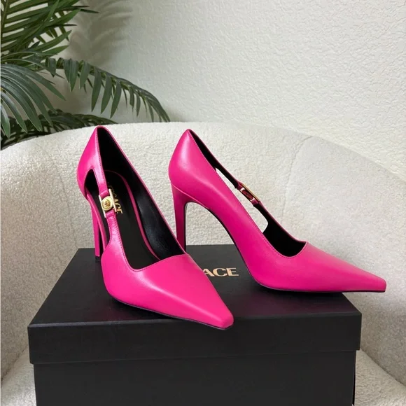 Versace Pink Leather Heels 100cm Size 38 - Picture 4 of 7